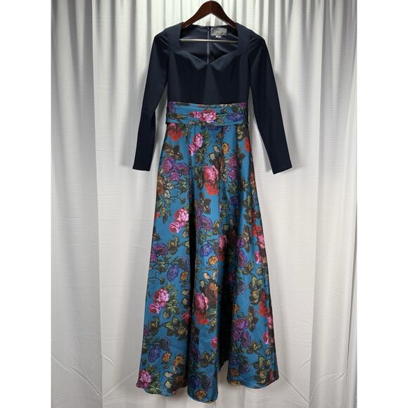 Theia Tabitha Long Sleeve Gown Dress Women's Size 4 Floral Navy Blue - Picture 2 of 14